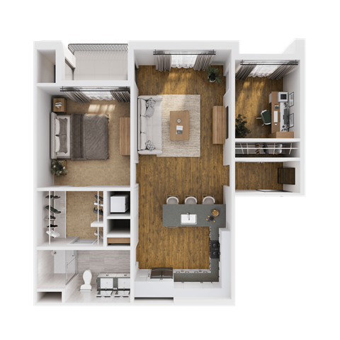 Floor plan for 1 bed, 1 bath, 942 sqft